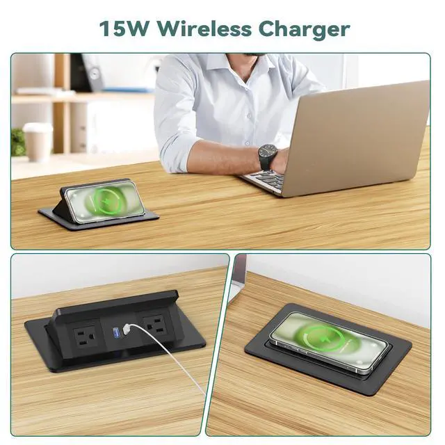 Alt view image 2 of 7 - Pop up Power Outlet with 15W Wireless Charger, Recessed Power Strip with USB-C PD 20W, 2 Outlets, Desk Charging Station for Conference Room Kitchen Countertop, ETL Listed