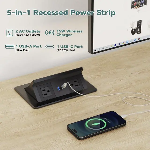 Alt view image 3 of 7 - Pop up Power Outlet with 15W Wireless Charger, Recessed Power Strip with USB-C PD 20W, 2 Outlets, Desk Charging Station for Conference Room Kitchen Countertop, ETL Listed