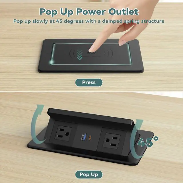 Alt view image 5 of 7 - Pop up Power Outlet with 15W Wireless Charger, Recessed Power Strip with USB-C PD 20W, 2 Outlets, Desk Charging Station for Conference Room Kitchen Countertop, ETL Listed