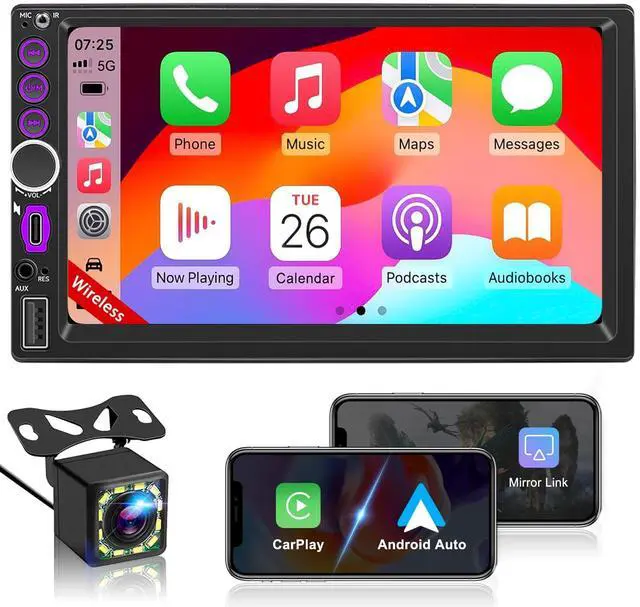 Main image of 7'' Wireless Double Din Car Stereo Carplay Radio Screen for Car Audio Receivers, Bluetooth Car Play Android Auto Touchscreen, Mirror Link, FM/AM, Backup Camera, Type-C
