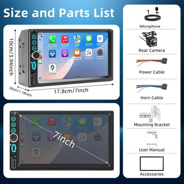 Alt view image 2 of 7 - 7'' Wireless Double Din Car Stereo Carplay Radio Screen for Car Audio Receivers, Bluetooth Car Play Android Auto Touchscreen, Mirror Link, FM/AM, Backup Camera, Type-C