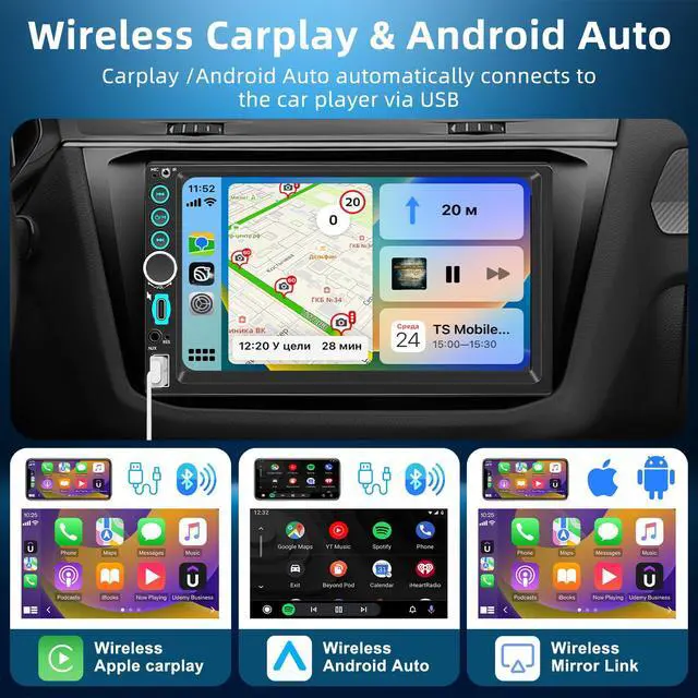 Alt view image 3 of 7 - 7'' Wireless Double Din Car Stereo Carplay Radio Screen for Car Audio Receivers, Bluetooth Car Play Android Auto Touchscreen, Mirror Link, FM/AM, Backup Camera, Type-C