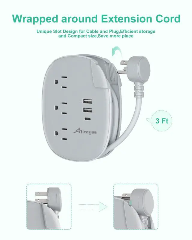 Alt view image 4 of 7 - USB C Portable Travel Power Strip,3ft Wrapped Extension Cord,3.1A | 3 Outlets,3 USB Ports,3ft Wrapped Around Extension Cord,Fast Charge,Flat Plug, Outlet Extender,For Cruise Travel Home Office