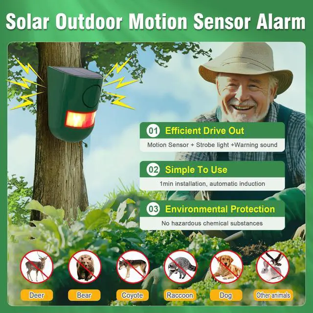 Alt view image 2 of 7 - Solar Outdoor Motion Sensor Alarm 120dB Sound 4 Mode IP65Waterproof | Loud Sound Strobe Light Security Siren Alarm Easy Set up Alarm for Home,Garden,Yard,Barn,Chicken Coop 2PC