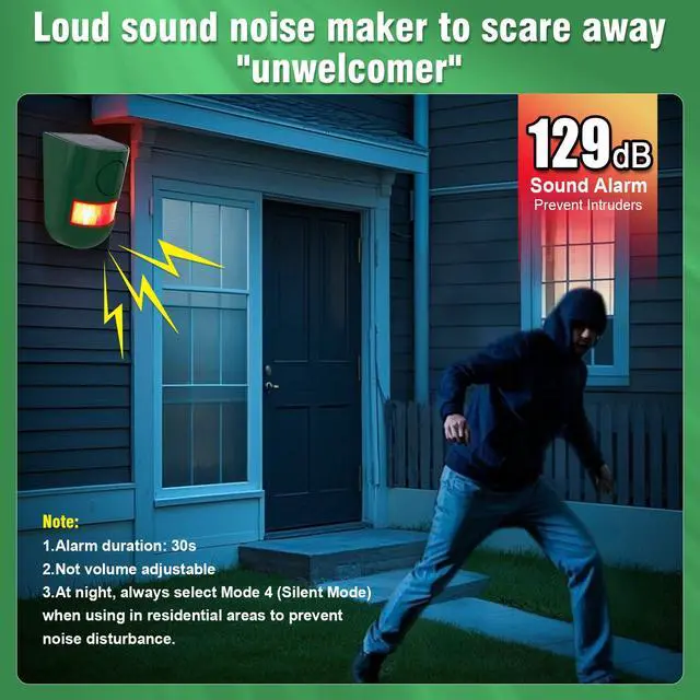 Alt view image 3 of 7 - Solar Outdoor Motion Sensor Alarm 120dB Sound 4 Mode IP65Waterproof | Loud Sound Strobe Light Security Siren Alarm Easy Set up Alarm for Home,Garden,Yard,Barn,Chicken Coop 2PC