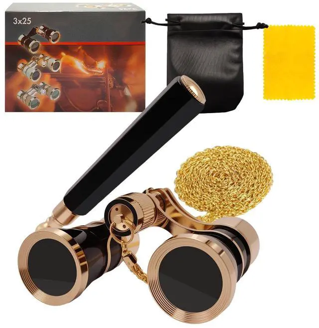 Main image of 3X25 Opera Glasses Theater Binoculars with Handle and Chain, Black | Elegant Portable Vintage Style Binoculars for Concerts, Theater, Opera, Cinema and Costume Events