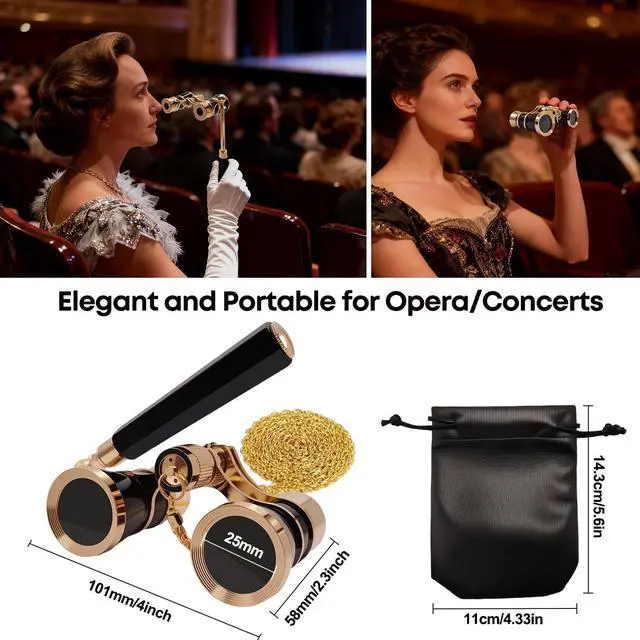 Alt view image 3 of 7 - 3X25 Opera Glasses Theater Binoculars with Handle and Chain, Black | Elegant Portable Vintage Style Binoculars for Concerts, Theater, Opera, Cinema and Costume Events