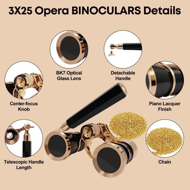 Alt view image 6 of 7 - 3X25 Opera Glasses Theater Binoculars with Handle and Chain, Black | Elegant Portable Vintage Style Binoculars for Concerts, Theater, Opera, Cinema and Costume Events