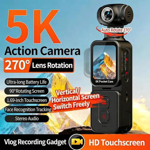 Alt view image 2 of 7 - 5K Handheld Vlogging Camera with Touch Screen,WiFi Pocket Action Camera with stabilization,Automatic Rotating Wide-Angle,External Mic,Remote Control for Traval,YouTube and vlogging (128gb)