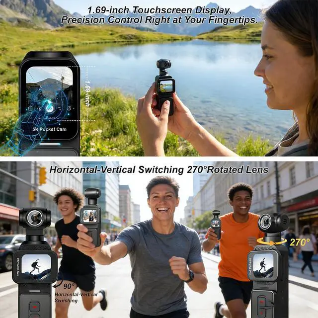 Alt view image 3 of 7 - 5K Handheld Vlogging Camera with Touch Screen,WiFi Pocket Action Camera with stabilization,Automatic Rotating Wide-Angle,External Mic,Remote Control for Traval,YouTube and vlogging (128gb)
