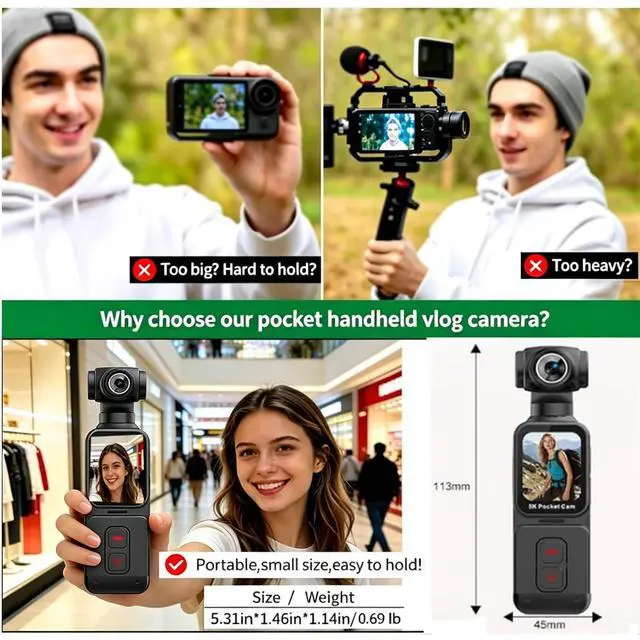 Alt view image 4 of 7 - 5K Handheld Vlogging Camera with Touch Screen,WiFi Pocket Action Camera with stabilization,Automatic Rotating Wide-Angle,External Mic,Remote Control for Traval,YouTube and vlogging (128gb)