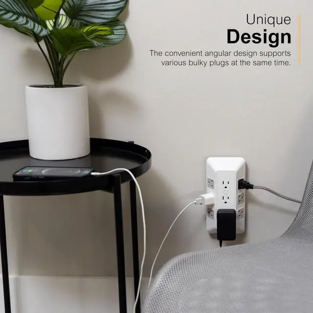 Alt view image 4 of 7 - 9-Outlet Sur Protector, Multi Plug Outlet Extender, Wall Tap | Adapter Spaced, for Home, School, and Office, 1780 Joules, White/Gray - 73628