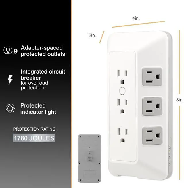Alt view image 3 of 7 - 9-Outlet Sur Protector, Multi Plug Outlet Extender, Wall Tap | Adapter Spaced, for Home, School, and Office, 1780 Joules, White/Gray - 73628