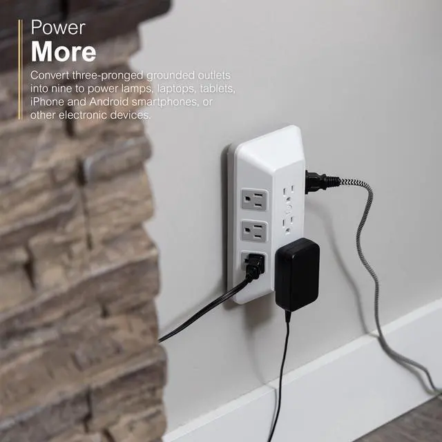 Alt view image 6 of 7 - 9-Outlet Sur Protector, Multi Plug Outlet Extender, Wall Tap | Adapter Spaced, for Home, School, and Office, 1780 Joules, White/Gray - 73628