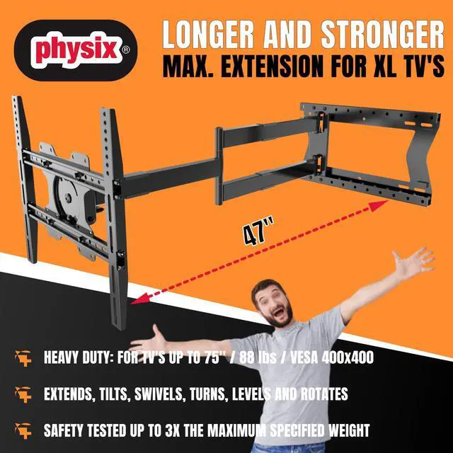 Alt view image 3 of 6 - 2120 Long arm TV Wall Mount for 32-75 inch Screens | Extra Long Extension up to 47 inch | Heavy-Duty TV Mount Holds up to 77 lbs | Full-Motion, swivels up to 180° | Max. VESA 400x400