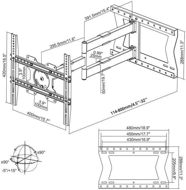 Alt view image 6 of 6 - 2120 Long arm TV Wall Mount for 32-75 inch Screens | Extra Long Extension up to 47 inch | Heavy-Duty TV Mount Holds up to 77 lbs | Full-Motion, swivels up to 180° | Max. VESA 400x400