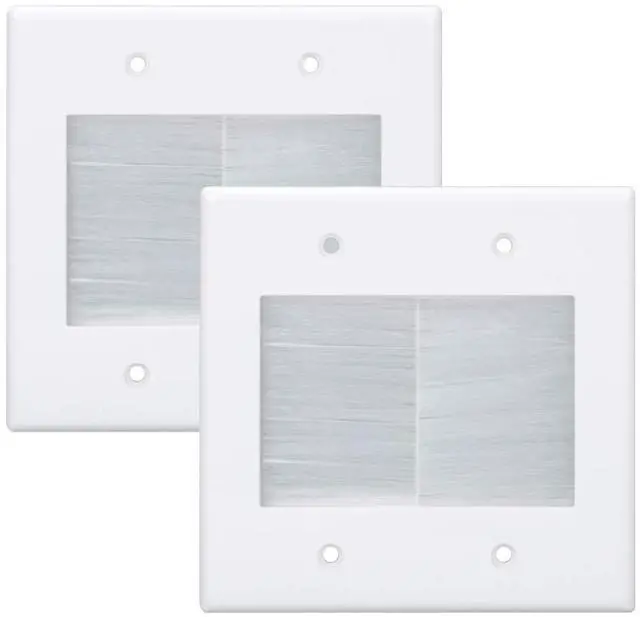 Main image of 2 Gang Brush Wall Plate White 2 Pack, Double Gang Cable Management Kit for TV Coaxial, HDMI, Ethernet Cables, Speaker Wires and Power Cords Pass Through