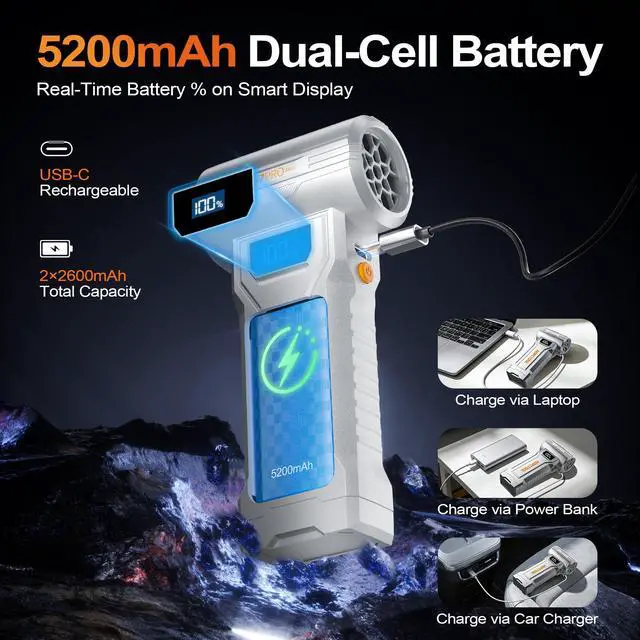 Alt view image 7 of 7 - S7 Pro Compressed Air Duster, 150,000 RPM, Digital Display | Rechargeable compressed air duster with four speeds, digital display and LED light for PCs, keyboards, cars and home