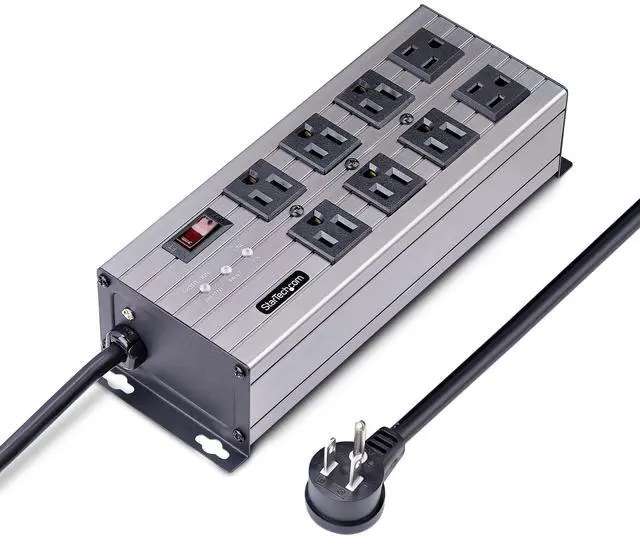 Main image of StarTech Flat Plug 8-Outlet Heavy Duty Industrial Power Strip, TAA | 125V/15A with Surge Protector, 12ft/3.6m Extension Power Cord, Mountable PDU, EMI/RFI Isolation, NEMA 5-15P/R