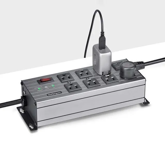 Alt view image 6 of 7 - StarTech Flat Plug 8-Outlet Heavy Duty Industrial Power Strip, TAA | 125V/15A with Surge Protector, 12ft/3.6m Extension Power Cord, Mountable PDU, EMI/RFI Isolation, NEMA 5-15P/R