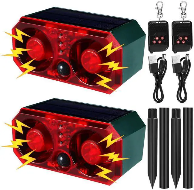 Main image of 2 Pcs Solar Outdoor Motion Sensor Alarm with Stake Animal Deterrent Dog Barking Sensor 13 Sound 130dB Loud Noise Maker 4 Mode with USB Remote Control Support Recording Volume Adjustment