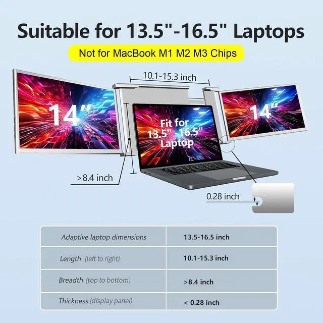 Alt view image 4 of 7 - Laptop Screen Extender, 14" Portable Triple Monitor for Laptops 315° Rotate| Plug and Play| 1080P| FHD, Laptop Monitor Extender for 13.5~16.5" Laptops, HDMI/USB-A/Type-C,for Mac/Wins/Android/Dex