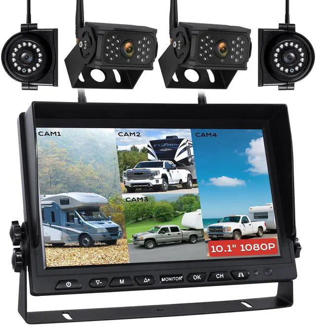 Main image of 10.1" Wireless RV Backup Camera System, 2 Rear Cameras & 2 Side Cameras for Reversing/Monitoring Trailer Truck Pickup Camper, 1080P DVR Monitor, IP69K Waterproof IR Night Vision Camera, WN4