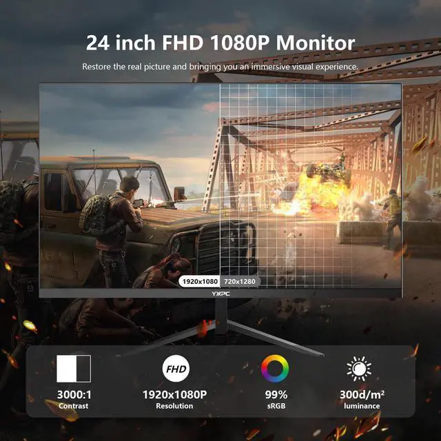 Alt view image 4 of 7 - 24 Inch Computer Monitor, 180Hz FHD 1080P VA Screen, 99% sRGB, 1ms, Frameless Design for Work and Play, HDMI, DP, VESA