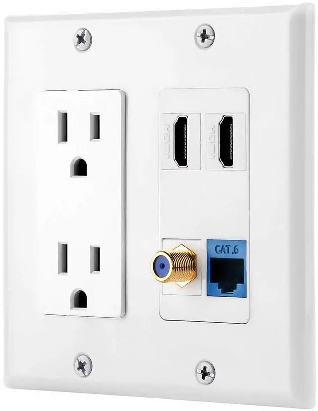 Main image of 15A Power Outlet, 2 Port HDMI, 1 Cat6 Ethernet, 1 Coax Cable TV Wall Plate in White