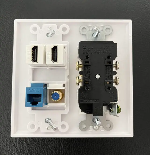 Alt view image 2 of 2 - 15A Power Outlet, 2 Port HDMI, 1 Cat6 Ethernet, 1 Coax Cable TV Wall Plate in White