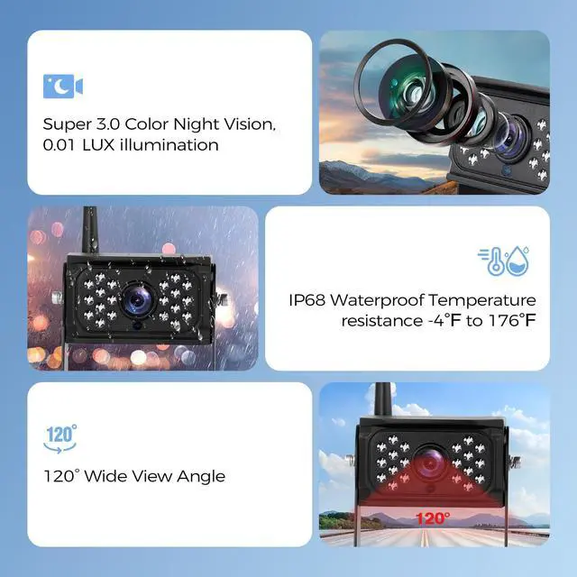 Alt view image 3 of 7 - 10.1" Wireless RV Backup Camera System, 2 Rear Cameras & 2 Side Cameras for Reversing/Monitoring Trailer Truck Pickup Camper, 1080P DVR Monitor, IP69K Waterproof IR Night Vision Camera, WN4