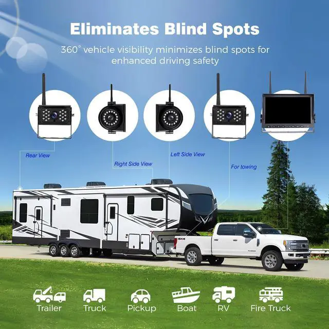 Alt view image 4 of 7 - 10.1" Wireless RV Backup Camera System, 2 Rear Cameras & 2 Side Cameras for Reversing/Monitoring Trailer Truck Pickup Camper, 1080P DVR Monitor, IP69K Waterproof IR Night Vision Camera, WN4
