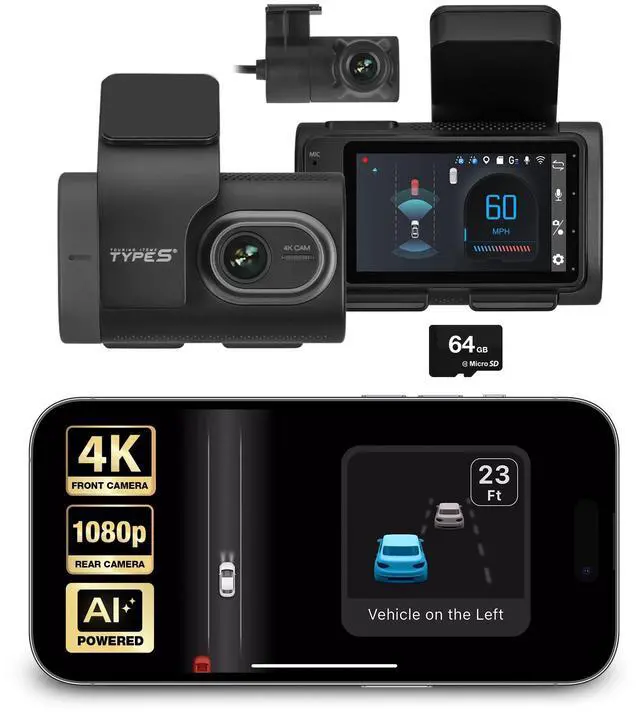 Main image of Type S T400 AI-Powered Driver Assistance 4K Dash Cam with ADAS, Collision Warnings, Lane and Pedestrian Detection, Vehicle Departure Reminders, Front Rear Smart Incident Video Surveillance, SD Card