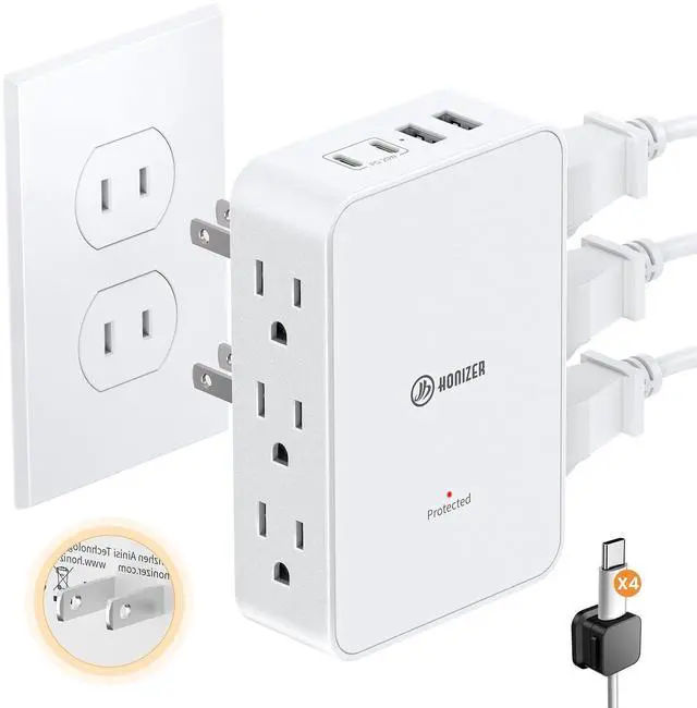 Main image of 2 Prong to 3 Prong Outlet Adapter, 3 Sided 6 Outlet, PD 20W USB C | Double Polarized Plug for Non Grounded Older House,1875W 2 Prong Power Strip with 4 Cable Clips,Multi Plug with 4 USB Ports