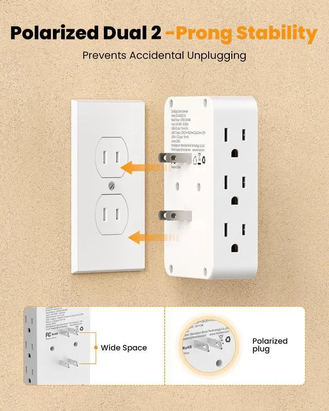 Alt view image 2 of 7 - 2 Prong to 3 Prong Outlet Adapter, 3 Sided 6 Outlet, PD 20W USB C | Double Polarized Plug for Non Grounded Older House,1875W 2 Prong Power Strip with 4 Cable Clips,Multi Plug with 4 USB Ports