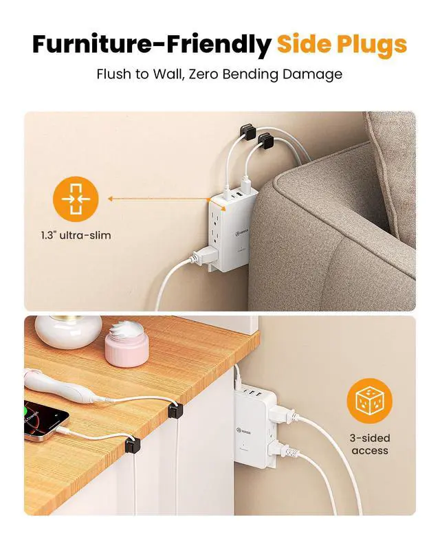 Alt view image 5 of 7 - 2 Prong to 3 Prong Outlet Adapter, 3 Sided 6 Outlet, PD 20W USB C | Double Polarized Plug for Non Grounded Older House,1875W 2 Prong Power Strip with 4 Cable Clips,Multi Plug with 4 USB Ports