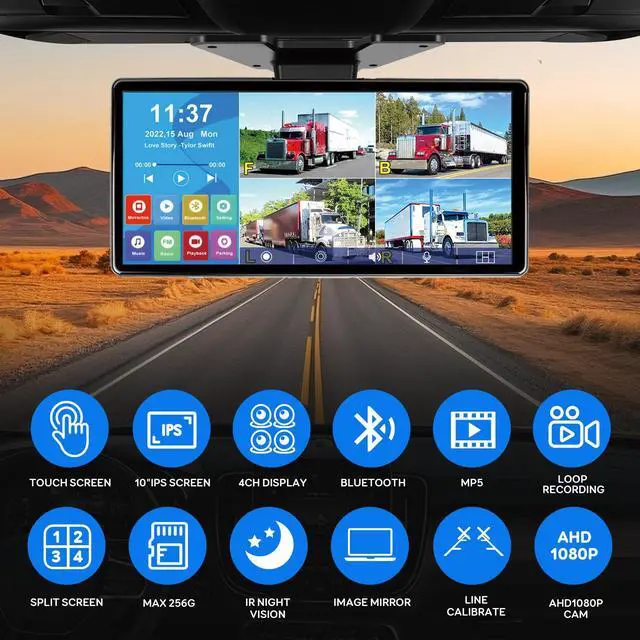 Alt view image 2 of 7 - 10.36'' 4K RV Backup Camera System with 4 1080P Cameras, Built-in DVR Loop Recording, Bluetooth MP5, Night Vision, IP69 Waterproof for Truck Trailer Camper
