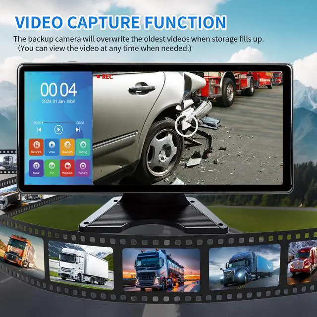 Alt view image 3 of 7 - 10.36'' 4K RV Backup Camera System with 4 1080P Cameras, Built-in DVR Loop Recording, Bluetooth MP5, Night Vision, IP69 Waterproof for Truck Trailer Camper