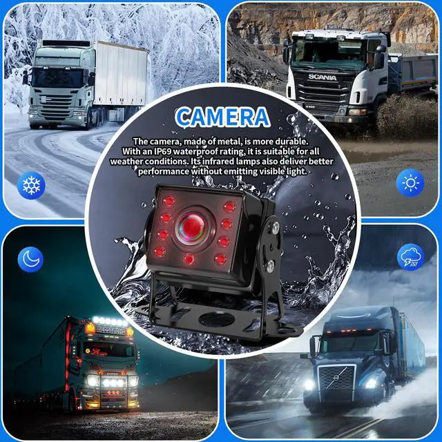 Alt view image 5 of 7 - 10.36'' 4K RV Backup Camera System with 4 1080P Cameras, Built-in DVR Loop Recording, Bluetooth MP5, Night Vision, IP69 Waterproof for Truck Trailer Camper