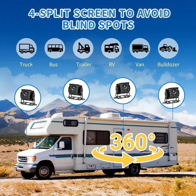 Alt view image 6 of 7 - 10.36'' 4K RV Backup Camera System with 4 1080P Cameras, Built-in DVR Loop Recording, Bluetooth MP5, Night Vision, IP69 Waterproof for Truck Trailer Camper