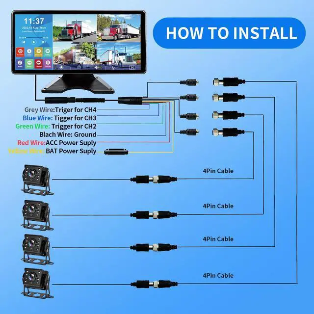 Alt view image 7 of 7 - 10.36'' 4K RV Backup Camera System with 4 1080P Cameras, Built-in DVR Loop Recording, Bluetooth MP5, Night Vision, IP69 Waterproof for Truck Trailer Camper