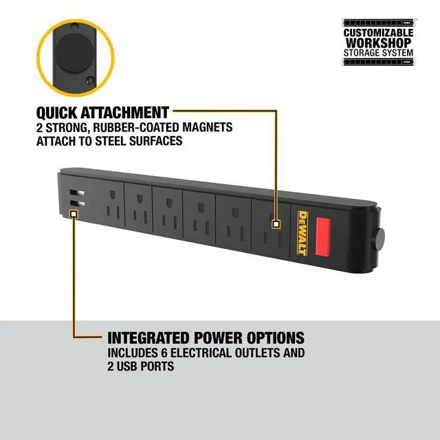 Alt view image 3 of 7 - Magnetic Power Strip with 6 Power Outlets, Workshop Storage System Compatible (DWST82693)