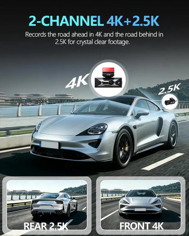 Alt view image 2 of 7 - 4K Dash Cam Front and Rear, 2.5K Rear, ADAS, 5.8GHz Wi-Fi, 64GB Card | 20MB/s Download Speed, WDR Night Vision, Loop Recording, APP, GPS, Built-in Supercapacitor, 3" IPS, 24H Parking Mode