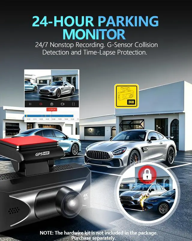 Alt view image 4 of 7 - 4K Dash Cam Front and Rear, 2.5K Rear, ADAS, 5.8GHz Wi-Fi, 64GB Card | 20MB/s Download Speed, WDR Night Vision, Loop Recording, APP, GPS, Built-in Supercapacitor, 3" IPS, 24H Parking Mode