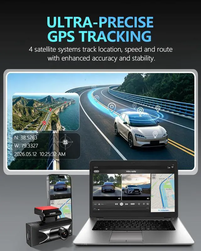 Alt view image 5 of 7 - 4K Dash Cam Front and Rear, 2.5K Rear, ADAS, 5.8GHz Wi-Fi, 64GB Card | 20MB/s Download Speed, WDR Night Vision, Loop Recording, APP, GPS, Built-in Supercapacitor, 3" IPS, 24H Parking Mode