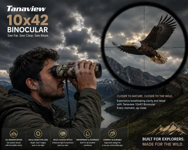 Alt view image 4 of 7 - 10X42 Compact Binoculars for Adults - Long Distance, High Powered Binoculars with Travel Case - Extra Bright Light & Large Field of View - Lightweight, Water & Fog Proof, Hunting, Bird Watching