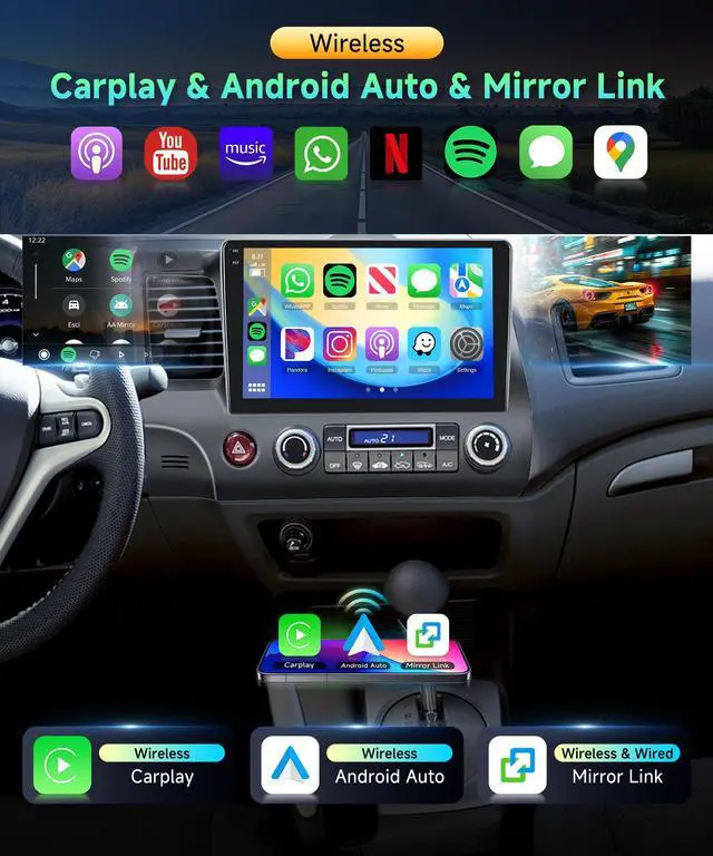 Alt view image 2 of 7 - 4G+128G Android 15 Car Radio for Honda Civic 2006 2007 2008 2009 2010 2011 | Stereo with 10.1inch Touchscreen Wireless CarPlay Android Auto Bluetooth 5.0 GPS FM/RDS 36EQ WiFi Backup Camera