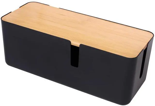 Main image of Cable Management Box with Bamboo Lid Small Cable Organizer Box for Extension Cord Power Stripe Surge Protector Wire Management Concealer Organizer Cover Hider (Black)