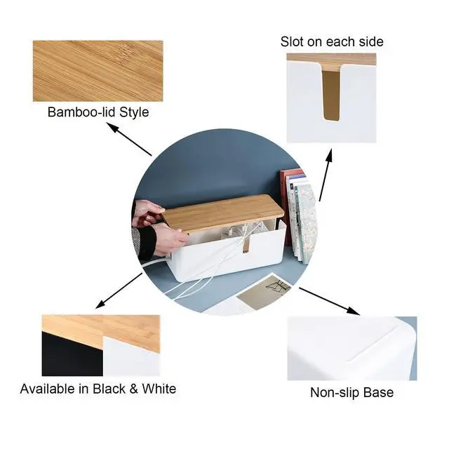 Alt view image 6 of 7 - Cable Management Box with Bamboo Lid Small Cable Organizer Box for Extension Cord Power Stripe Surge Protector Wire Management Concealer Organizer Cover Hider (Black)