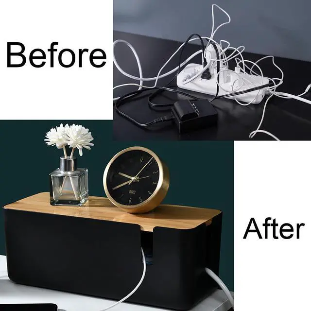 Alt view image 7 of 7 - Cable Management Box with Bamboo Lid Small Cable Organizer Box for Extension Cord Power Stripe Surge Protector Wire Management Concealer Organizer Cover Hider (Black)